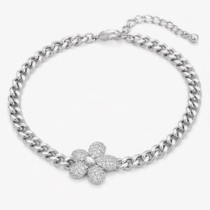 Silver Tone Cuban Chain Flower Bracelet with CZ | Platinum Plated Dainty Jewelry